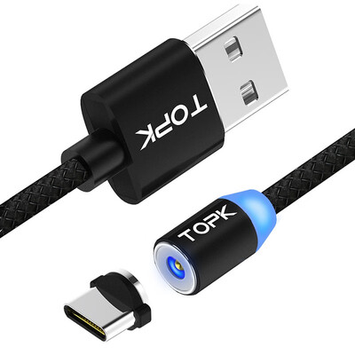 

R-Line1 2M USB Type C Magnetic Cable TOPK R-Line1 Upgraded Reflective Nylon Braided Type-C Cable LED Magnet USB Charging Cable