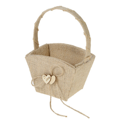 

Vintage Rustic Wedding Burlap Flower Girl Basket with Wooden Heart Decoration Wedding Supplies