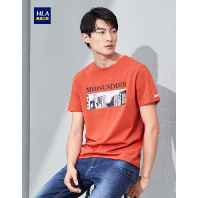 

HLA Haishu House Short Sleeve T-Shirt Male 2019 Summer New Landscape&Letter Printing Comfort Round Neck Short T Mens HNTBJ2R127A Dark Orange Pattern C7 17088A48