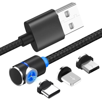 

90 Degree 3 in 1 Led Cable Magnetic Charging Cable for iPhone X 8 7 6 Plus L Nylon Micro USB Cable USB Type-C USB C Cable