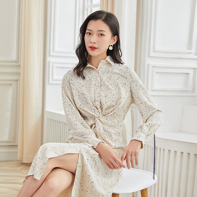 

Marc Rebecca Commuter Waist Lapel Print Long Sleeve Dress 92004E Beige