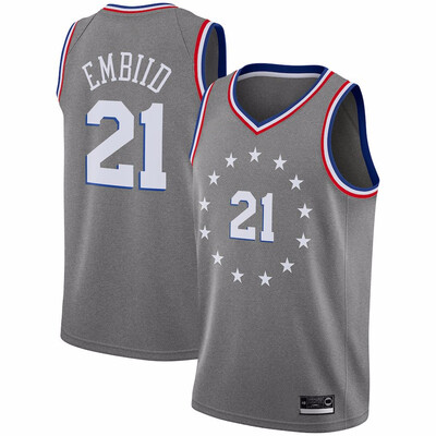 

2019 New Mens Philadelphia 76ers 21 Joel Embiid Red White Gray Blue Basketball Jersey Size -XXL