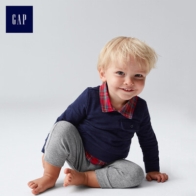 

GAP flagship store baby boy cotton check three-piece one-piece jumpsuit 926078 navy blue 3-6M