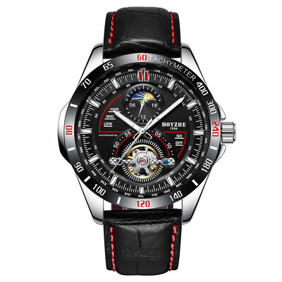 

BOYZHE WL019-P Business Men Automatic Mechanical Watch Moon Phase Time Display Fashion Casual Luminous Hands Leather Strap 3ATM Wa