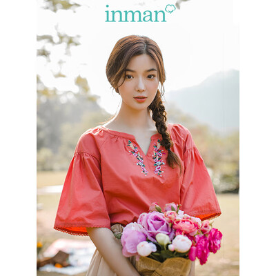 

INMAN 2019 spring new V-neck literary embroidery retro holiday wind casual wild loose shirt shirt female 1891011217 orange red