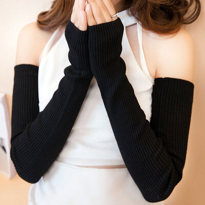 

Bowonik cashmere arm sleeves womens autumn&winter long fingerless half finger gloves knitted thick warm wool thread fake sleeves black fingerless L