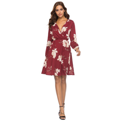 

Autumn&winter new deep V-neck long-sleeved waist slim dress womens clothing
