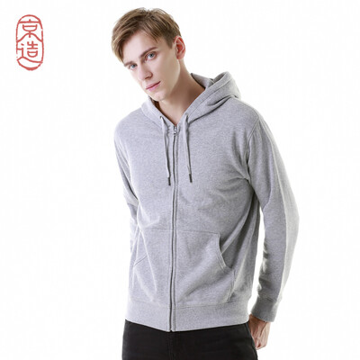 

JZAO mens sweater thick brushed sweater hooded zipper sweater light flower gray L code