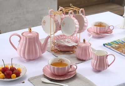 

Porcelain Gold Rim Coffee Tea Set Teapot Sugar Bowl Creamer Cups Infuser Holder Pink