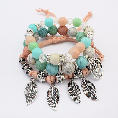 

Tree of Life&Leaves Pendant Ethnic Elastic Marble Beads Bracelets Leather Rope Boho Statement Bangles Women Jewelry