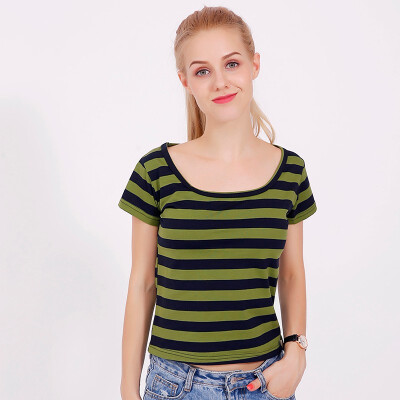 

Fashion 2019 women summer o-neck knitted soft cotton t shirt female short sleeve casual crop top tees striped Lady cool t-shirt