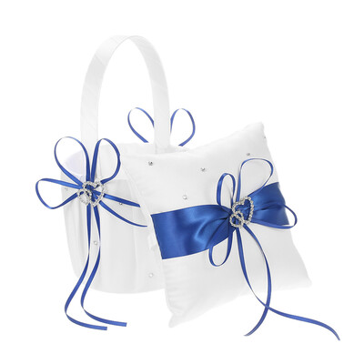 

6 6 inches Double Heart Satin Ring Bearer Pillow&Wedding Flower Girl Basket Set with Rhinestone Ribbon Decoration Red