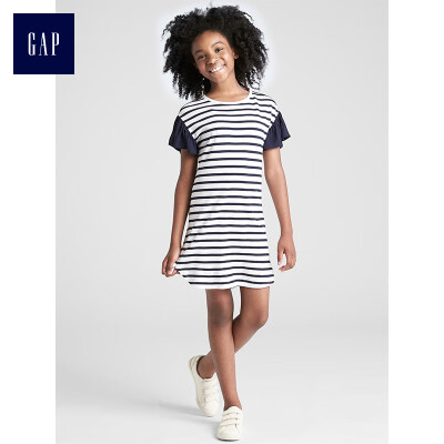 

GAP flagship store girls striped ruffled T-shirt dress 336816 navy blue&white stripes S