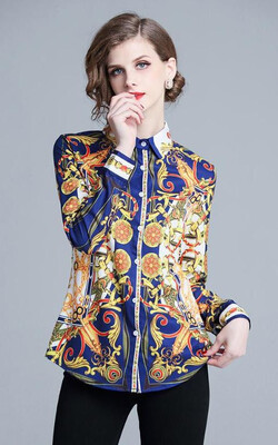 

M L XL XXL vintage new autumn 2018 women blouse shirt long sleeve blue gold digital flower print elegant office top lady