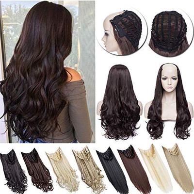 

U Shape Part Half Head Wig Clip In Hair Extension Full Head One Piece Invisible 7 clips With Wig Net Synthetic Straight Curly