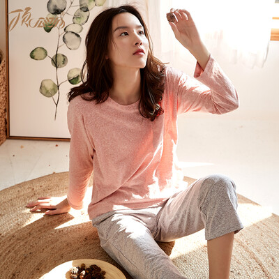 

Top melon melon pajamas women cotton spring&summer 2019 new solid color round neck edging long-sleeved pajamas set jd01107zy rubber red female 160