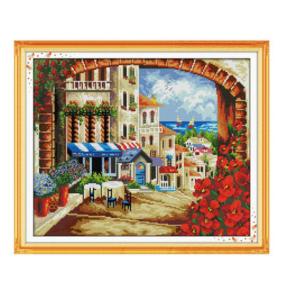 

DIY Handmade Needlework Counted Cross Stitch Set Embroidery Kit 14CT Mediterranean Scenery Pattern Cross-Stitching 45 38cm Home