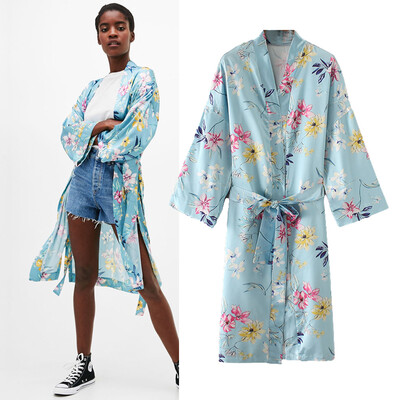 

Women Plus Size Kimono Satin Floral Print Open Front Tie Loose Thin Long Elegant Bikini Cover Up Cardigan Blue