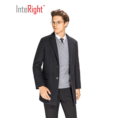 

INTERIGHT mens business casual long woolen coat dark gray