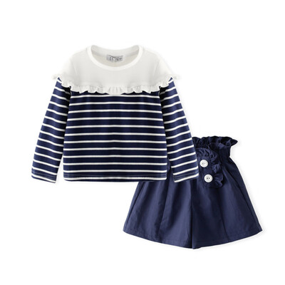 

Cicie self-employed childrens clothing girls set striped stitching T-shirt solid color shorts girls two-piece C91038 navy blue 11056