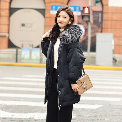 

Down jacket womens long section loose fashion bread clothes light thin fur collar winter coat 90313