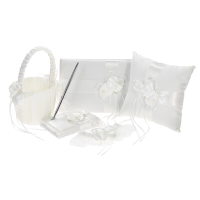 

5pcsset White Wedding Supplies Satin Flower Girl Basket Ring Bearer Pillow Guest Book Pen Holder Bride Garter Set