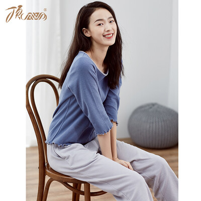 

Top melon melon pajamas womens cotton spring fashion Korean version of the seven-point sleeves can be worn outside home service suit t01120jd blue female models one 170