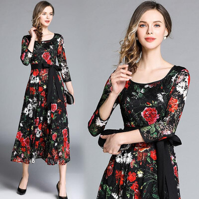 

M L XL XXL elegant new spring 2019 lace long dress women 34 sleeve black flower printed mid calf slim A line lady with belt