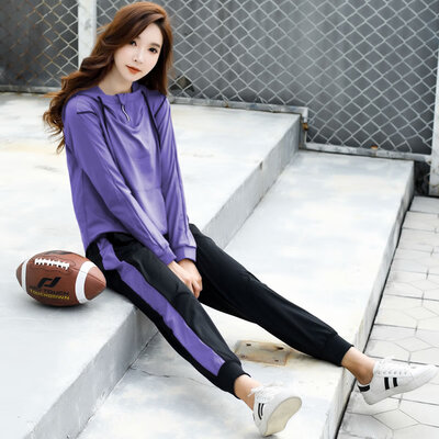 

Colorful 2019 new stretch thin female sports yoga clothing suit hooded casual fitness morning running quick-drying clothes two-piece purple M