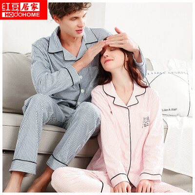 

Red bean home 2019 spring&summer new couple pajamas mens cotton long-sleeved lapel cardigan cartoon striped home service suit 137 blue 17092A