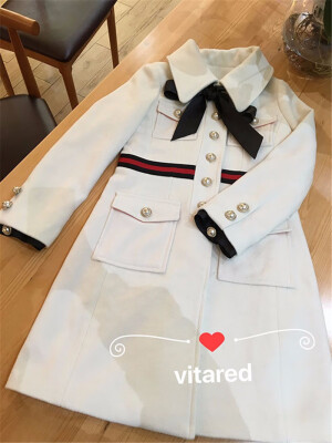 

New winter color bow waist coat blue white single breasted long wool coat girl