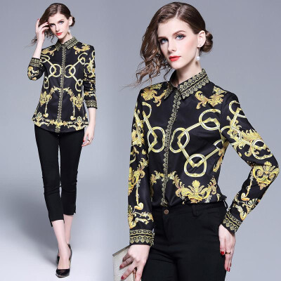 

L XL XXL vintage new spring 2019 women blouse shirt long sleeve black gold digital print office top lady