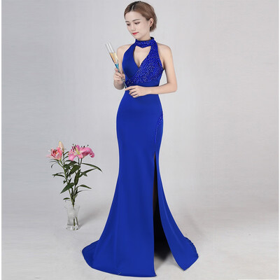 

New Sexy Halter Diamond Hollow Mermaid Dress Black Elegant Sleeveless Long Slim Party Dinner Evening Dress