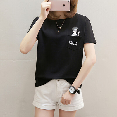 

CITYPLUS 2019 new cartoon pocket print round neck short-sleeved T-shirt female CWTD191209 black M