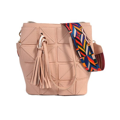 

Suture Bucket Handbags 2019 Women Patchwork Pu Leather Shoulder Crossbody Bag Female Vintage Colorful Wide Strap Bag blackgray