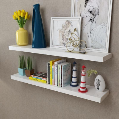 

2 White MDF Floating Wall Display Shelves BookDVD Storage