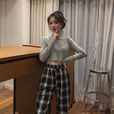 

High waist slimming two plaid short paragraph navel slim long-sleeved T-shirt top