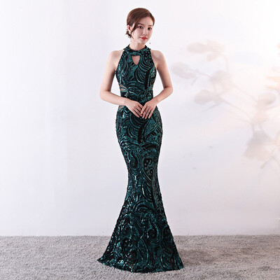 

Elegant Sequin Mermaid Evening Dress High-Neck Sleeveless Party Dinner Long Slim Evening Dresses