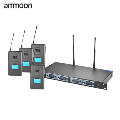 

ammoon 4T Professional 4 Channel UHF Wireless Headset Microphone System 4 Mics 1 Wireless Receiver 635mm Audio Cable LCD Display