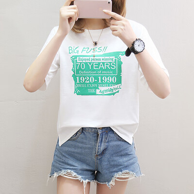 

Long Yue womens 2019 summer new Korean letter printing round neck loose short-sleeved T-shirt female LWTD191538 white M