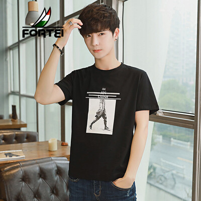 

FORTEI Short Sleeve T-Shirt Men 2019 Summer New Fashion T-Shirt Slim Stretch Cotton Round Neck Shirt Mens Clothing C28 Black