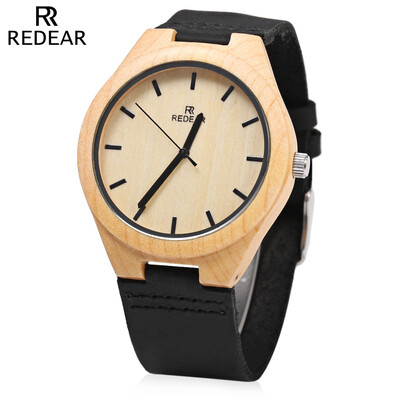 

REDEAR Wooden Quartz Male Watch Simple Round Dial Leather Band Wristwatch