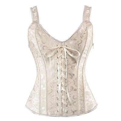 

SLIMBELLE Plus Size Black Steampunk Waist Training Corset Bustier Overbust Top Jacquard Vest Beige