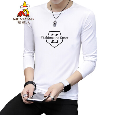 

Scarecrow MEXICAN long-sleeved T-shirt male Korean version of Slim fashion 2019 spring new round neck printing personality trend wild bottoming shirt t-shirt shirt mens white XL