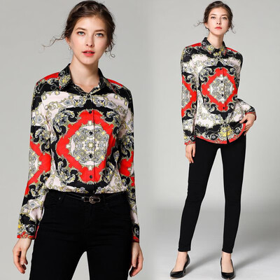 

L XL XXL vintage new spring 2019 women blouse shirt long sleeve white red digital print office top lady