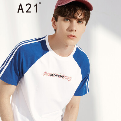 

Pure online brand A21 summer 2019 new mens round neck short-sleeved T-shirt wild casual letter printing mens short T-shirt R492131034 blue 16580AS