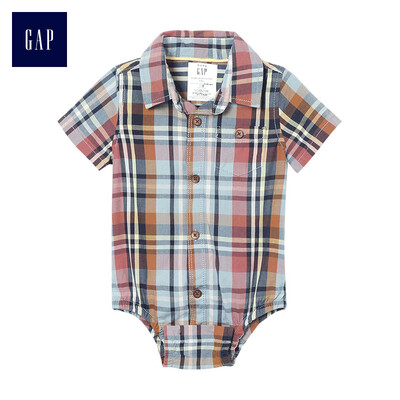 

GAP flagship store childrens clothing baby boy baby cotton cute check short-sleeved jumpsuit 336508 retro navy blue 3-6M
