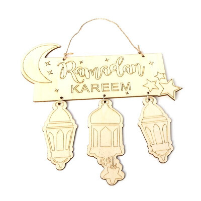 

Wooden Eid Mubarak Hanging Pendant Ramadan Crescent Pattern DIY Crafts Ornament with Rope Festival Decoration