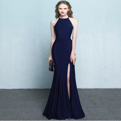 

Noble Simple Long Mermaid Evening Dress Fashion Slim Hanging Neck Solid Color Women Party Evening Dress Toast Dresses