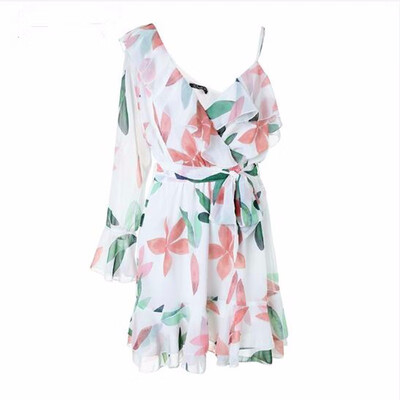 

V neck print bohemian beach dress Irregular ruffles summer dress women 2018 Bandage elegant short dress vestidos